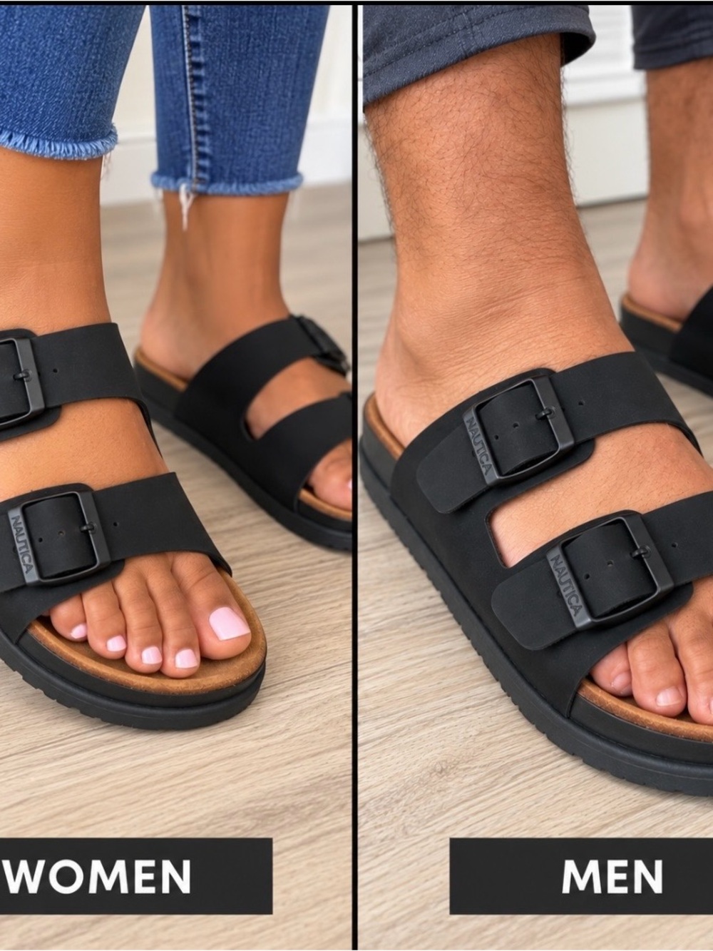 Nautica Black Dual-Strap Buckle Slide Sandals with Brown Footbed